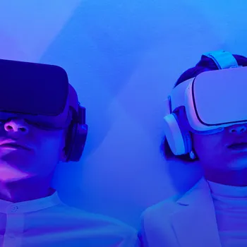 Two people wear VR headsets and headphones, illuminated by blue light.
