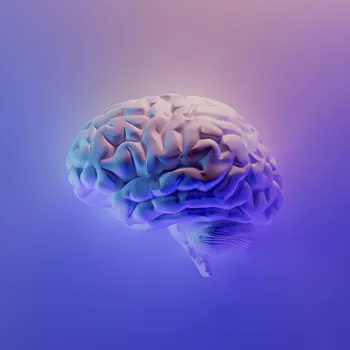 A human brain, depicted in purple and blue tones, floats in front of a background that gently fades from purple to blue.